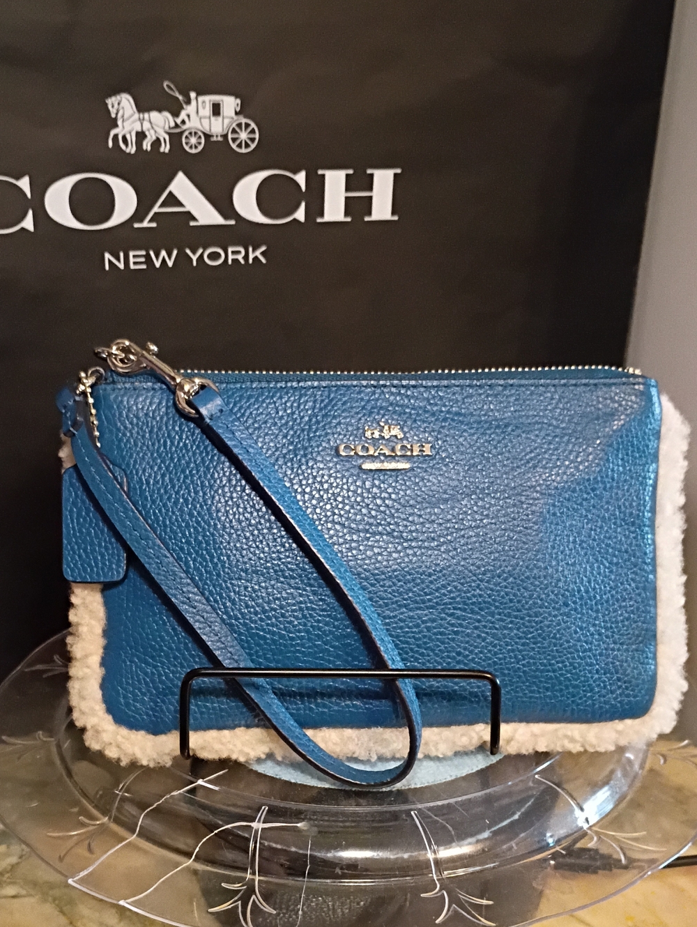 COACH Blue Pebbled Leather Wristlet with Shearling Trim